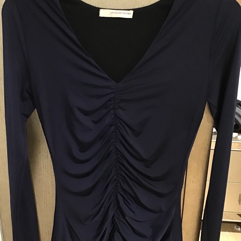 Lavender Brown scrunched Navy top